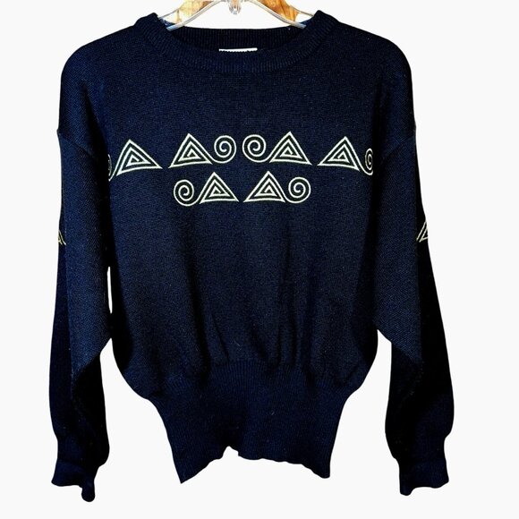 Vintage Meister Black Gold Knit Sweater Sz S Quiet Luxury Retro Ski Lodge Wool - Picture 1 of 4